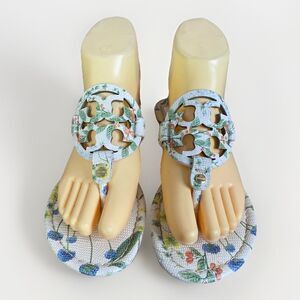 Tory Burch Miller Leather Thong Sandals Size 6.5 Floral Cream Green RARE Pattern